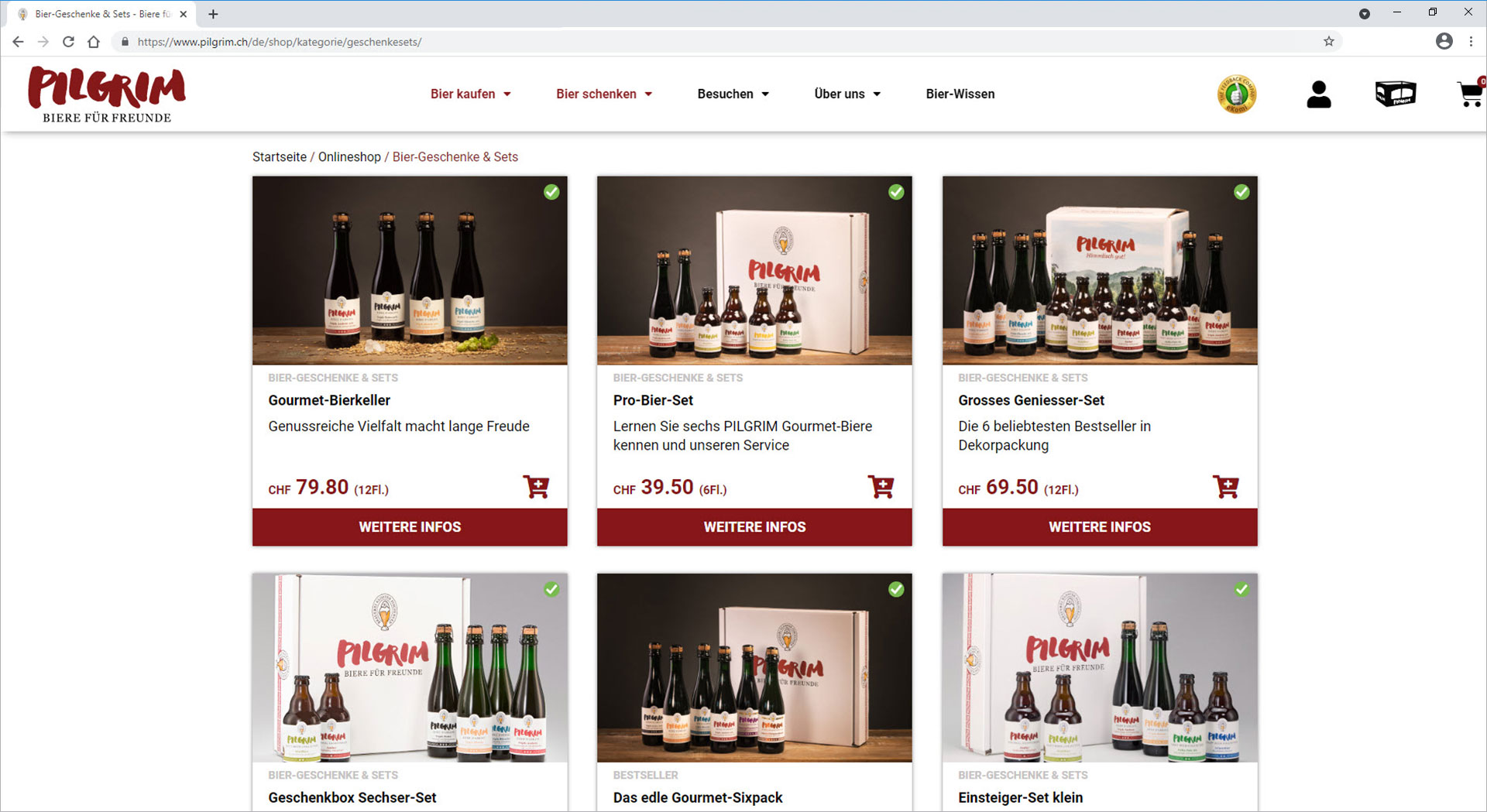 Shop Seite auf www.pilgrim.ch