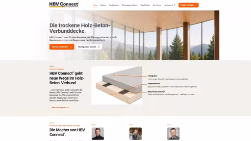 Startseite von HBV Connect mit Hero-Bild und Systemaufbau