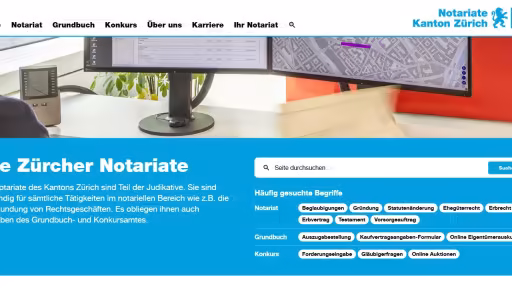 Startseite von notariate-zh.ch mit Suche und h&auml;ufig gesuchten Begriffen