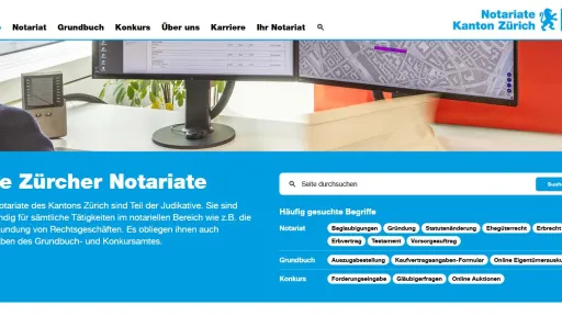 Startseite von notariate-zh.ch mit Suche und h&auml;ufig gesuchten Begriffen