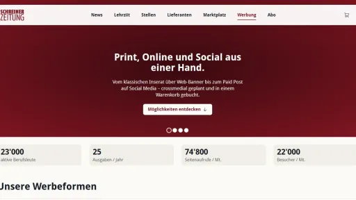 Landingpage Werbung der SchreinerZeitung mit Hero-Slider und Facts & Figures