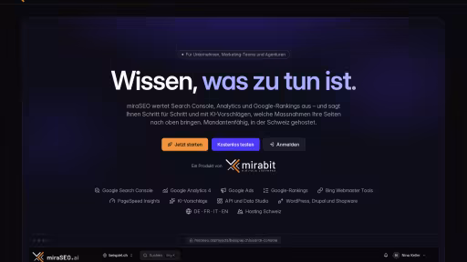 Startseite von miraseo.ai: &laquo;Wissen, was zu tun ist.&raquo;