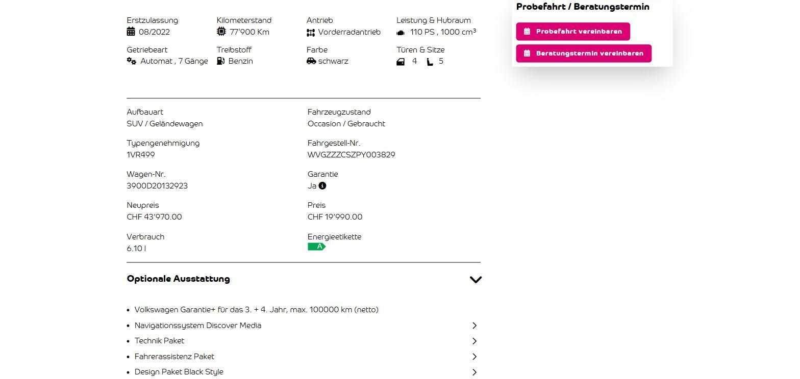 Technische Daten, Energieetikette und Ausstattung eines Fahrzeugs auf shop.autoviva.ch