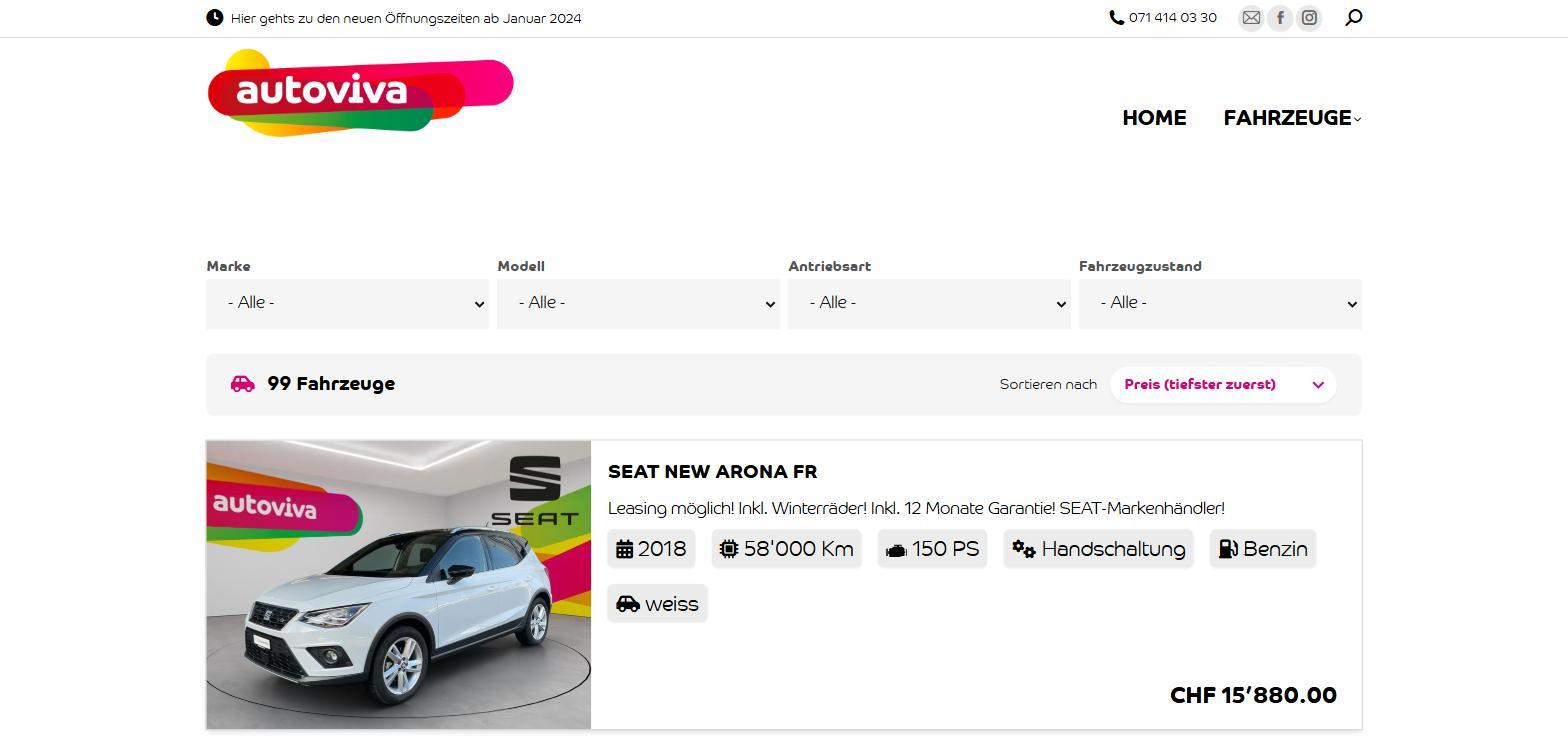 Fahrzeug&uuml;bersicht mit Filtern auf shop.autoviva.ch