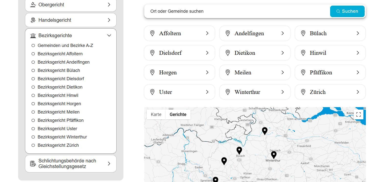 &Uuml;bersicht der Bezirksgerichte mit Ortssuche und Karte auf gerichte-zh.ch