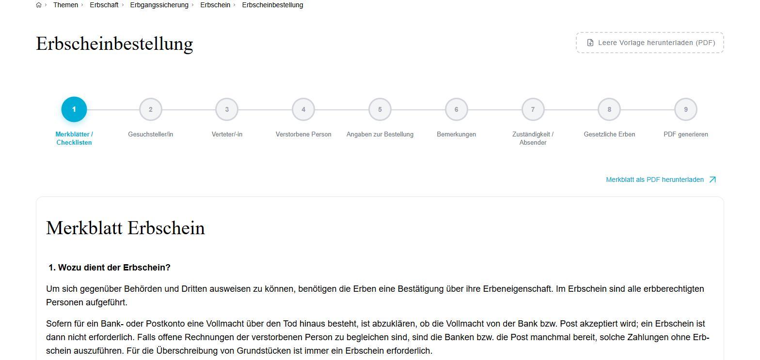 Formular-Assistent Erbscheinbestellung mit Schrittanzeige auf gerichte-zh.ch
