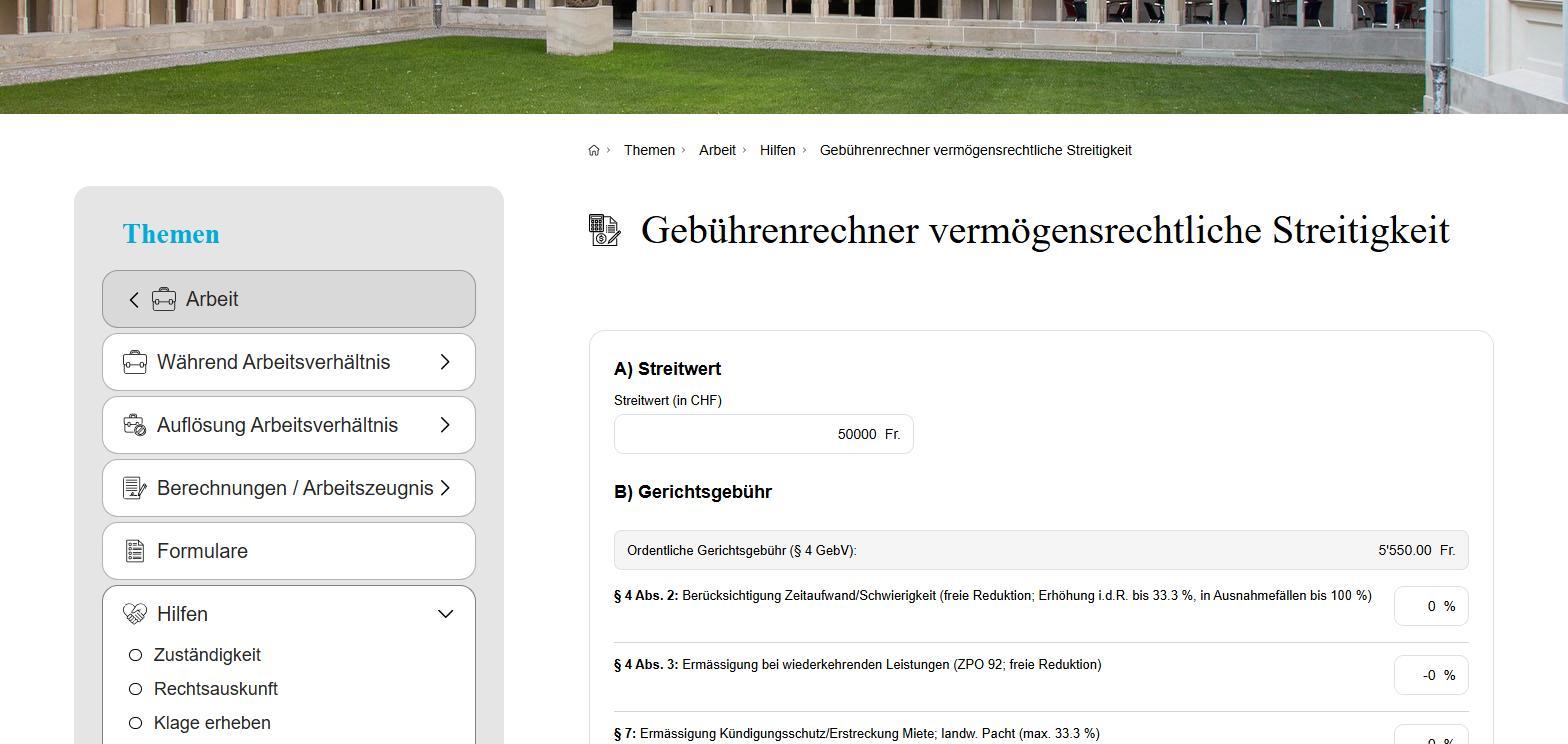 Geb&uuml;hrenrechner f&uuml;r verm&ouml;gensrechtliche Streitigkeiten auf gerichte-zh.ch