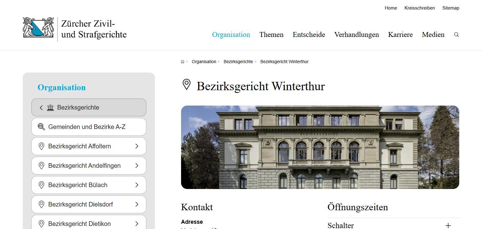 Gerichtsseite des Bezirksgerichts Winterthur auf gerichte-zh.ch