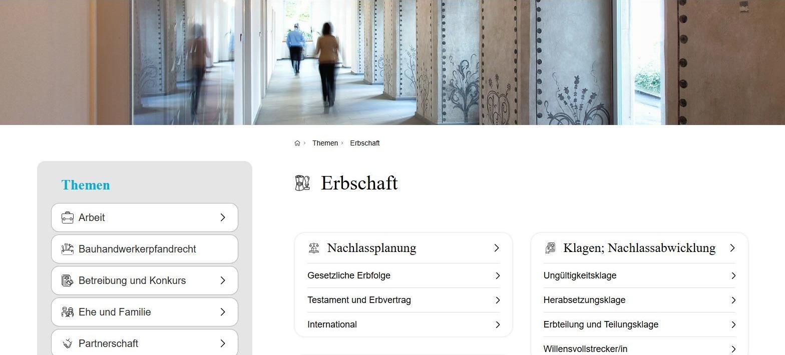 Themenseite Erbschaft mit Themennavigation auf gerichte-zh.ch