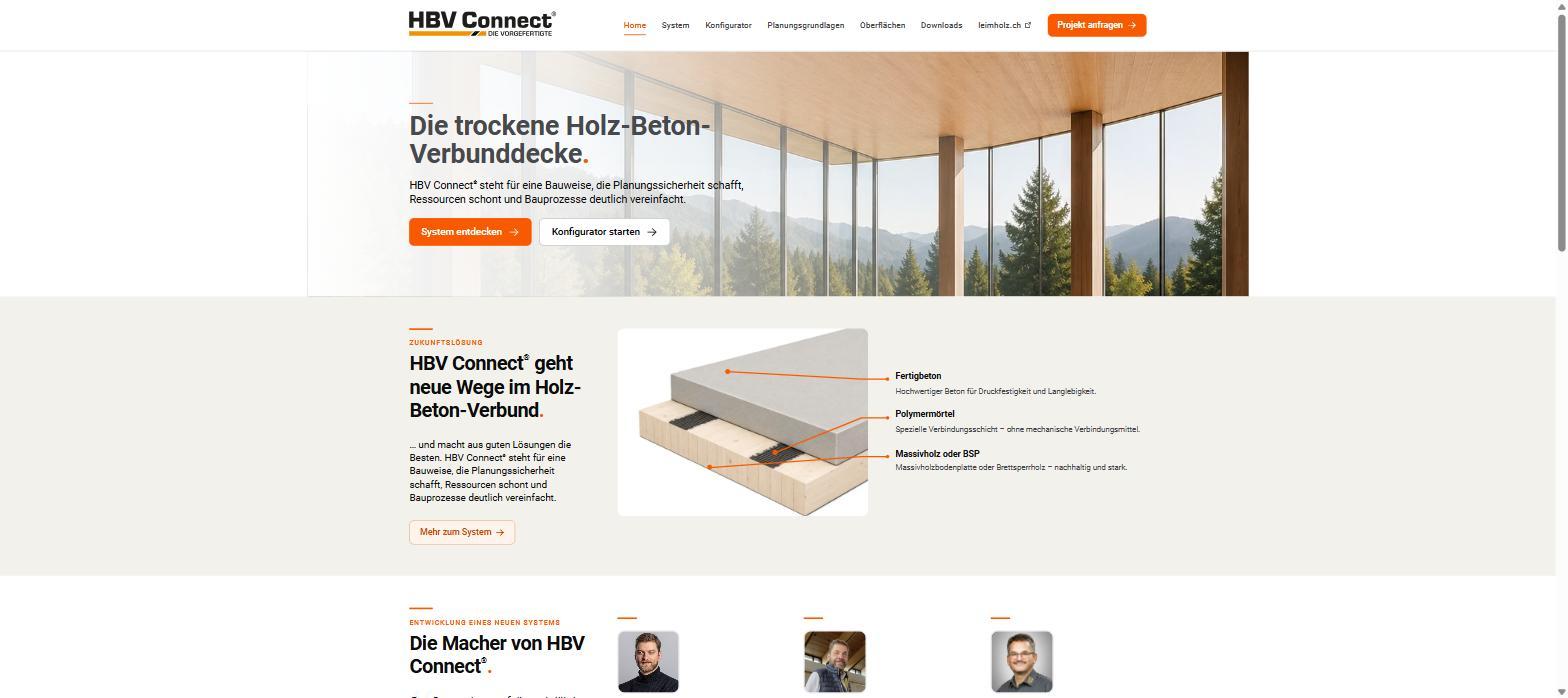Startseite von HBV Connect mit Hero-Bild und Systemaufbau