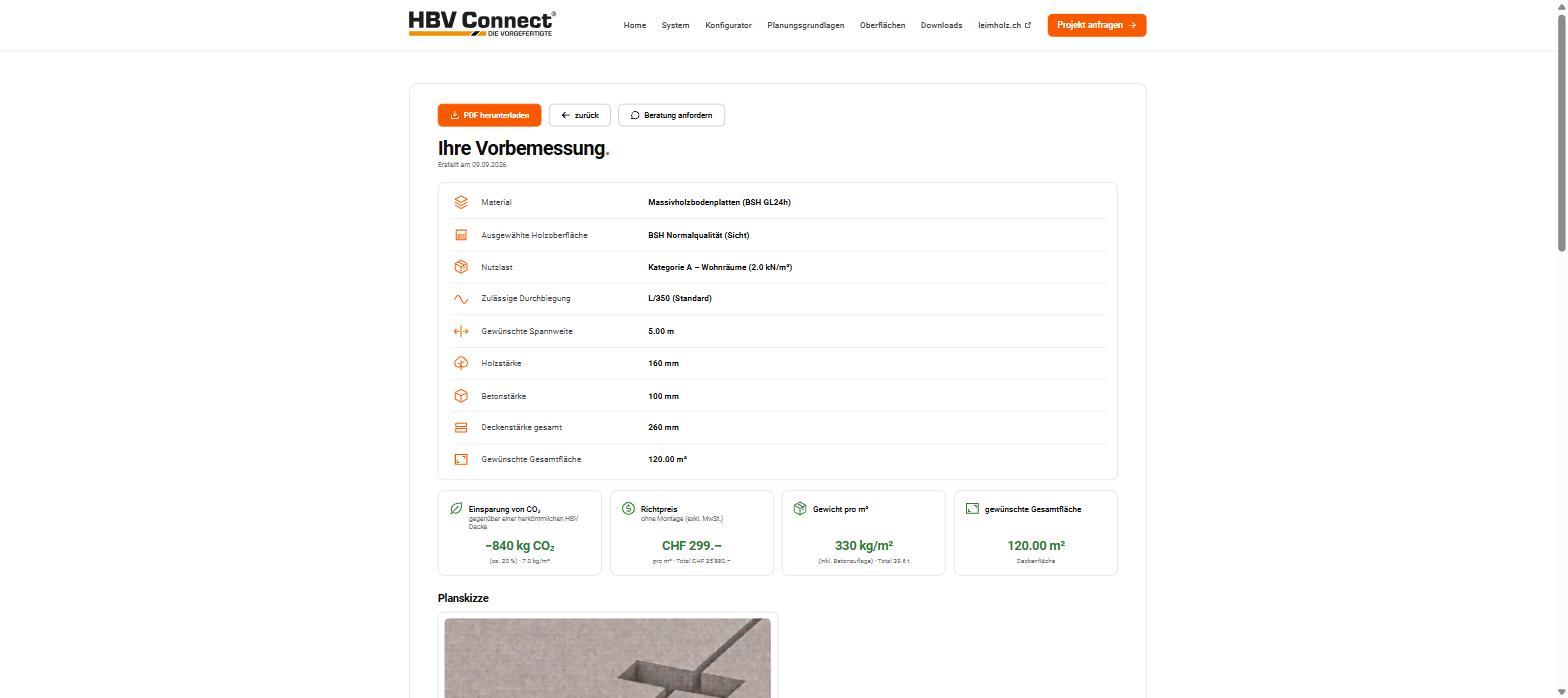 Ergebnisseite der Vorbemessung mit Kennwerten, CO2-Bilanz und Richtpreis