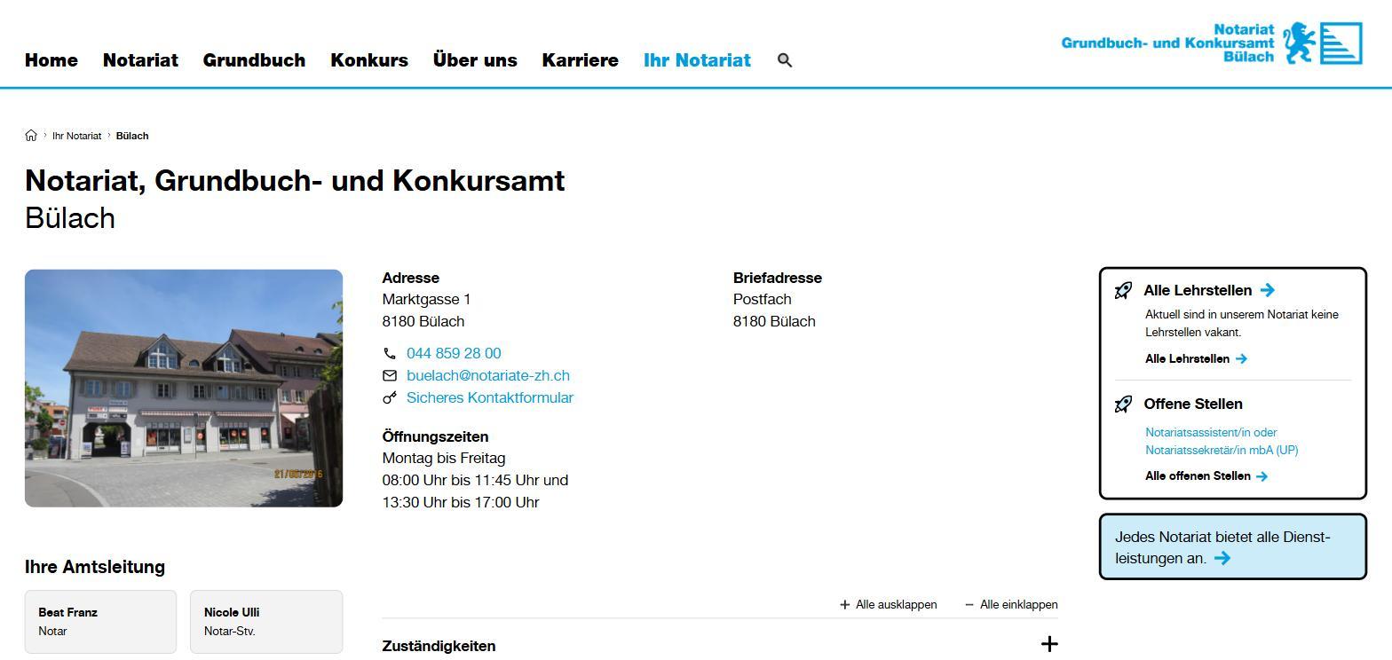 Seite des Notariats, Grundbuch- und Konkursamts B&uuml;lach auf notariate-zh.ch