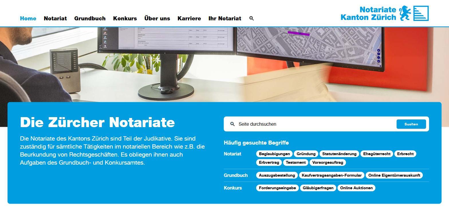 Startseite von notariate-zh.ch mit Suche und h&auml;ufig gesuchten Begriffen