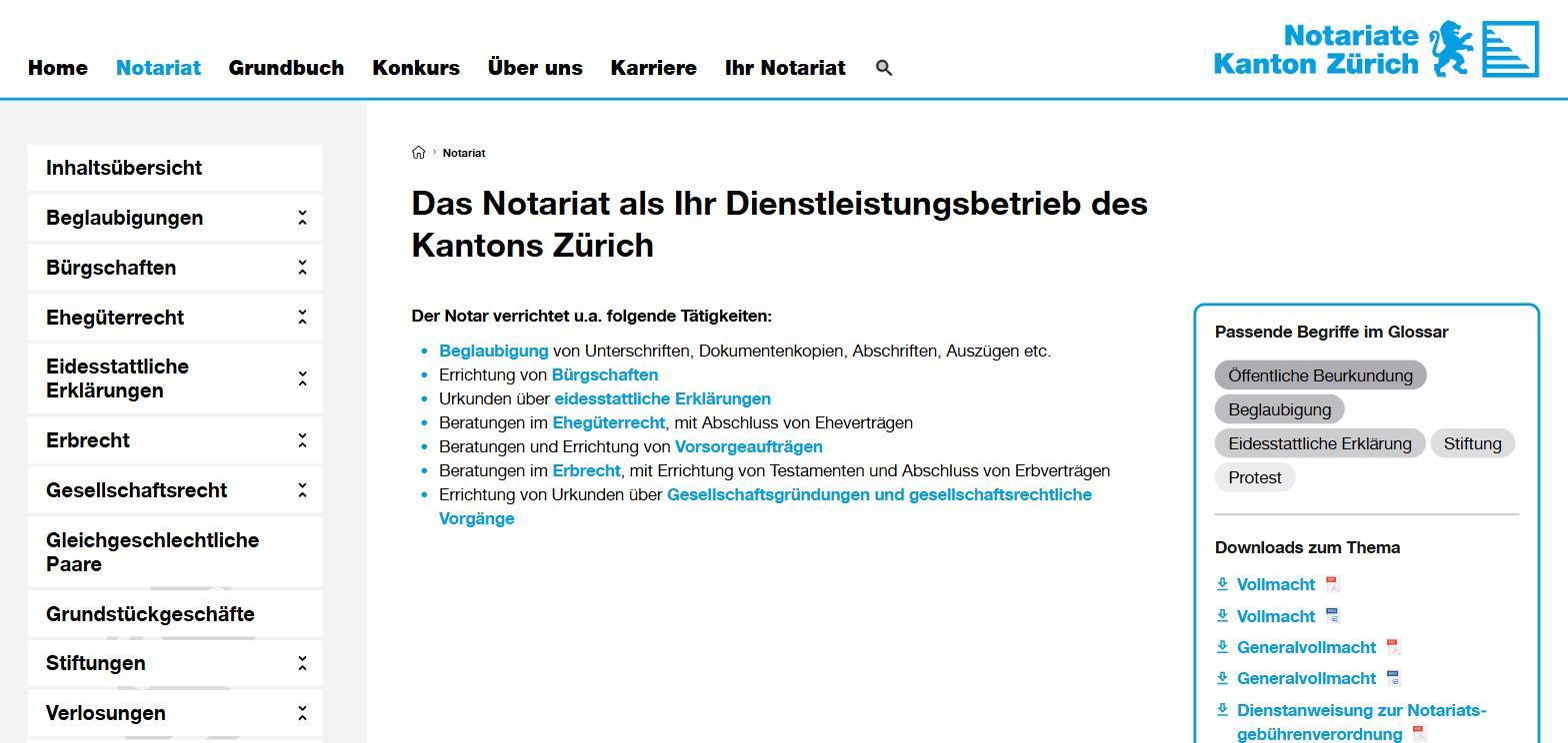 Themenseite Notariat mit Glossarbegriffen und Downloads auf notariate-zh.ch