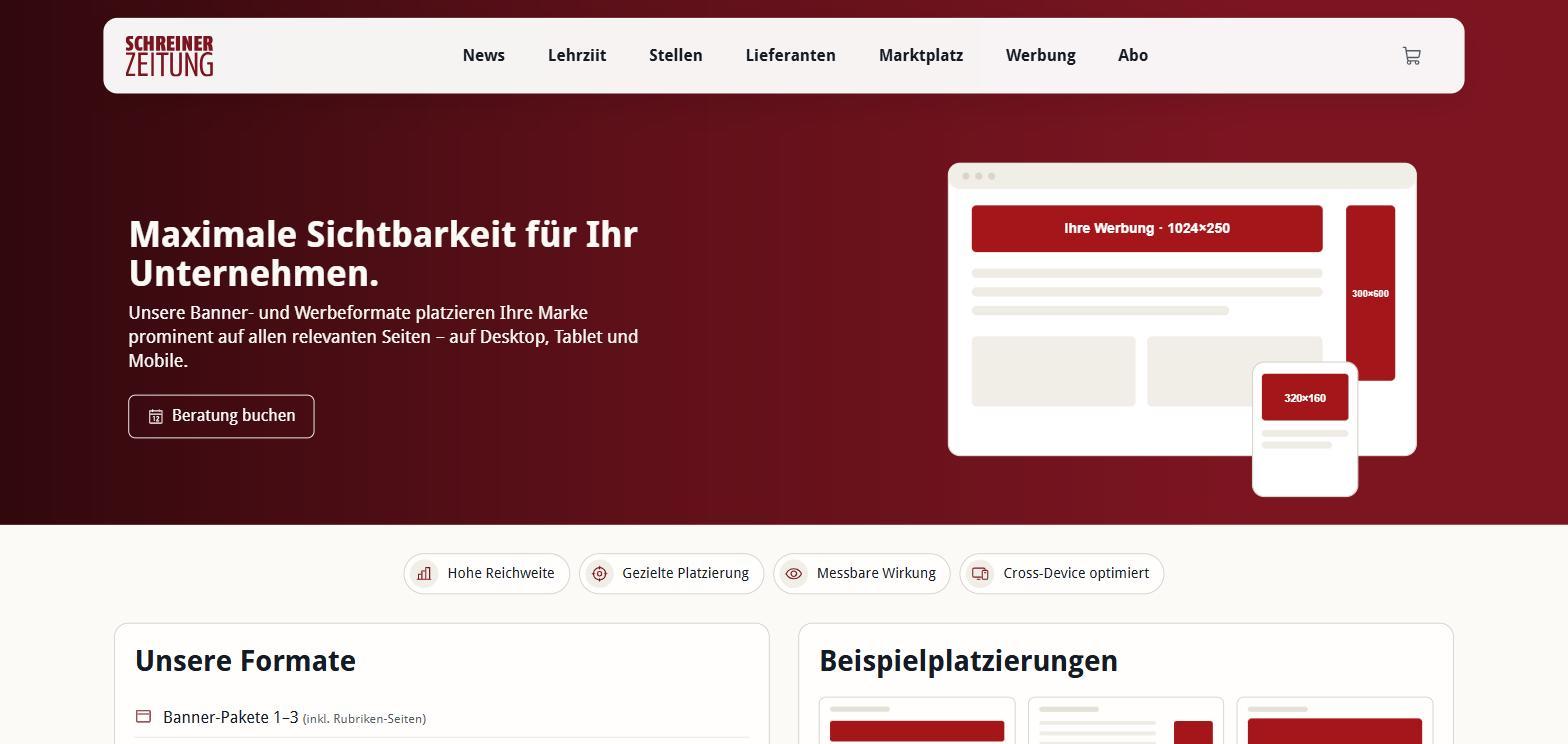 Detailseite Banner-Werbung mit Hero und USP-Leiste auf werbung.schreinerzeitung.ch