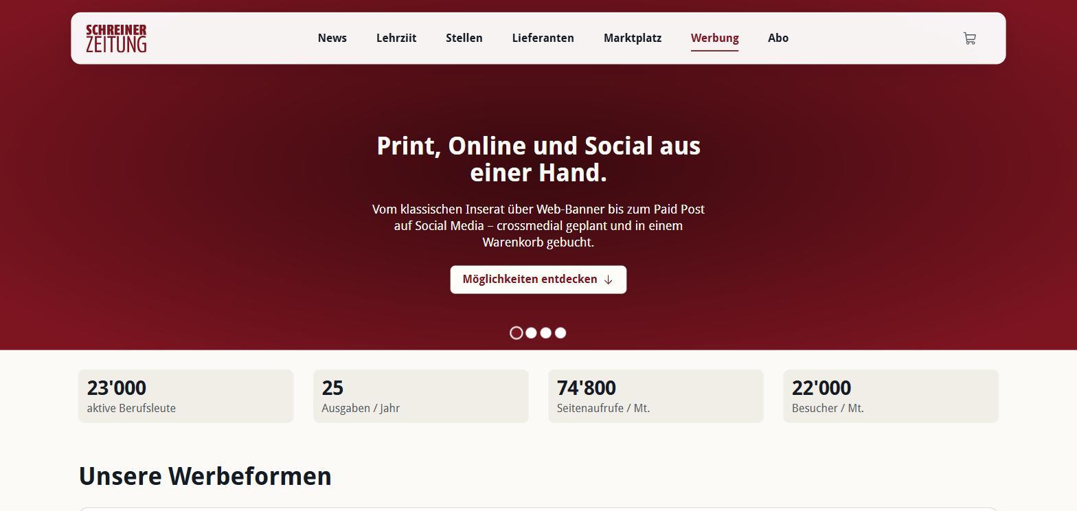 Landingpage Werbung der SchreinerZeitung mit Hero-Slider und Facts & Figures
