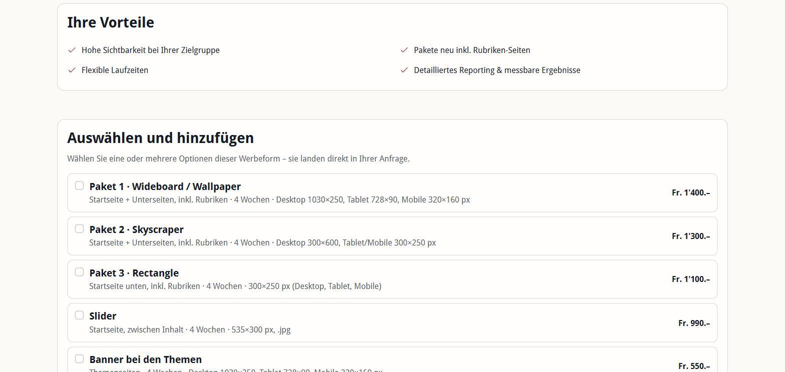 Paketauswahl mit Preisen zum Hinzuf&uuml;gen zur Buchungsanfrage
