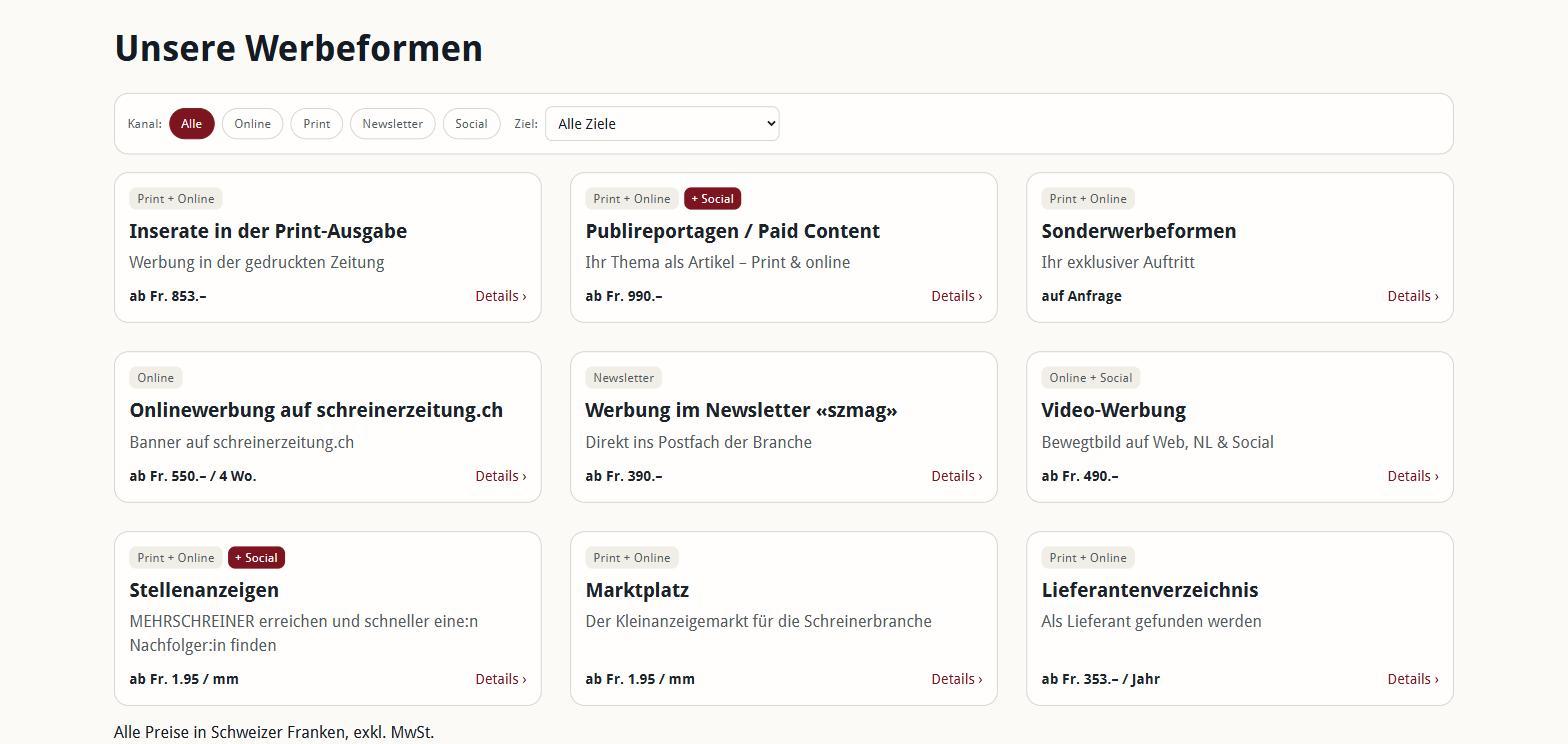 &Uuml;bersicht der Werbeformen mit Filter nach Kanal und Ziel auf werbung.schreinerzeitung.ch