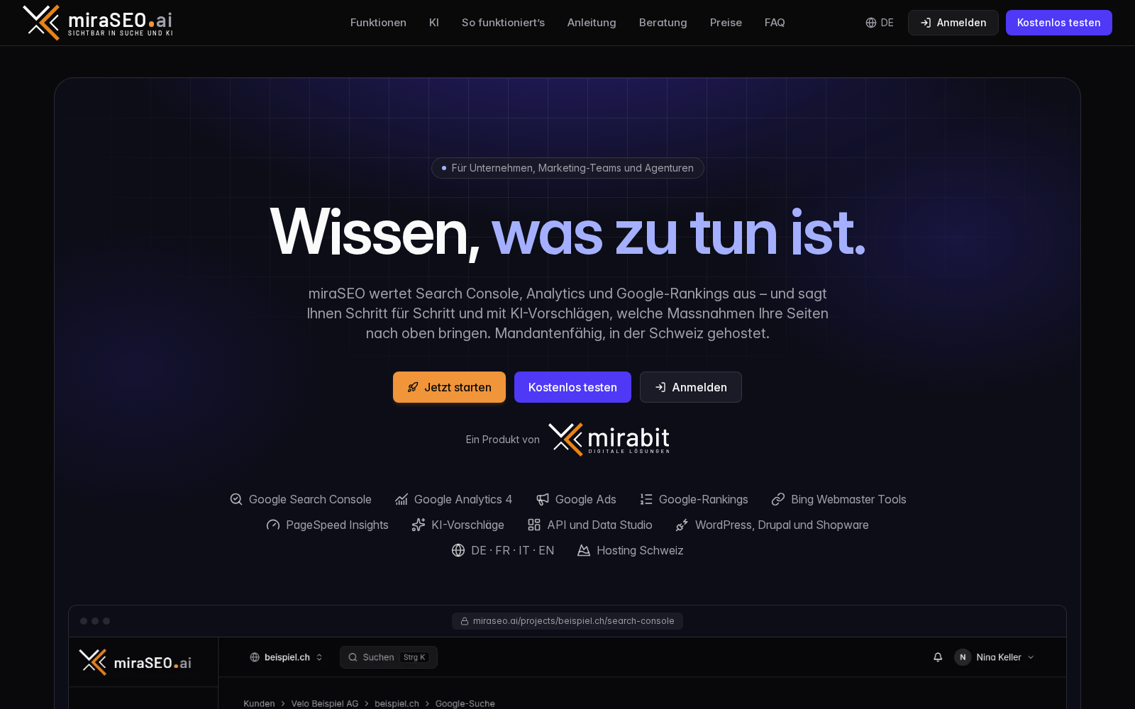 Startseite von miraseo.ai: &laquo;Wissen, was zu tun ist.&raquo;