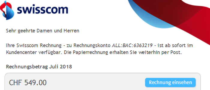 Swisscom Rechnung Juli 2018 - eine perfide F&auml;lschung